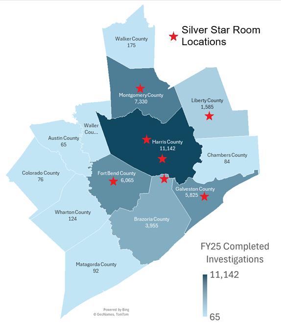 This map shows the 13 counties that make up APS Region 6, the number of investigations APS completed in each county in 2025, and the location of the Silver Star Rooms throughout the region.